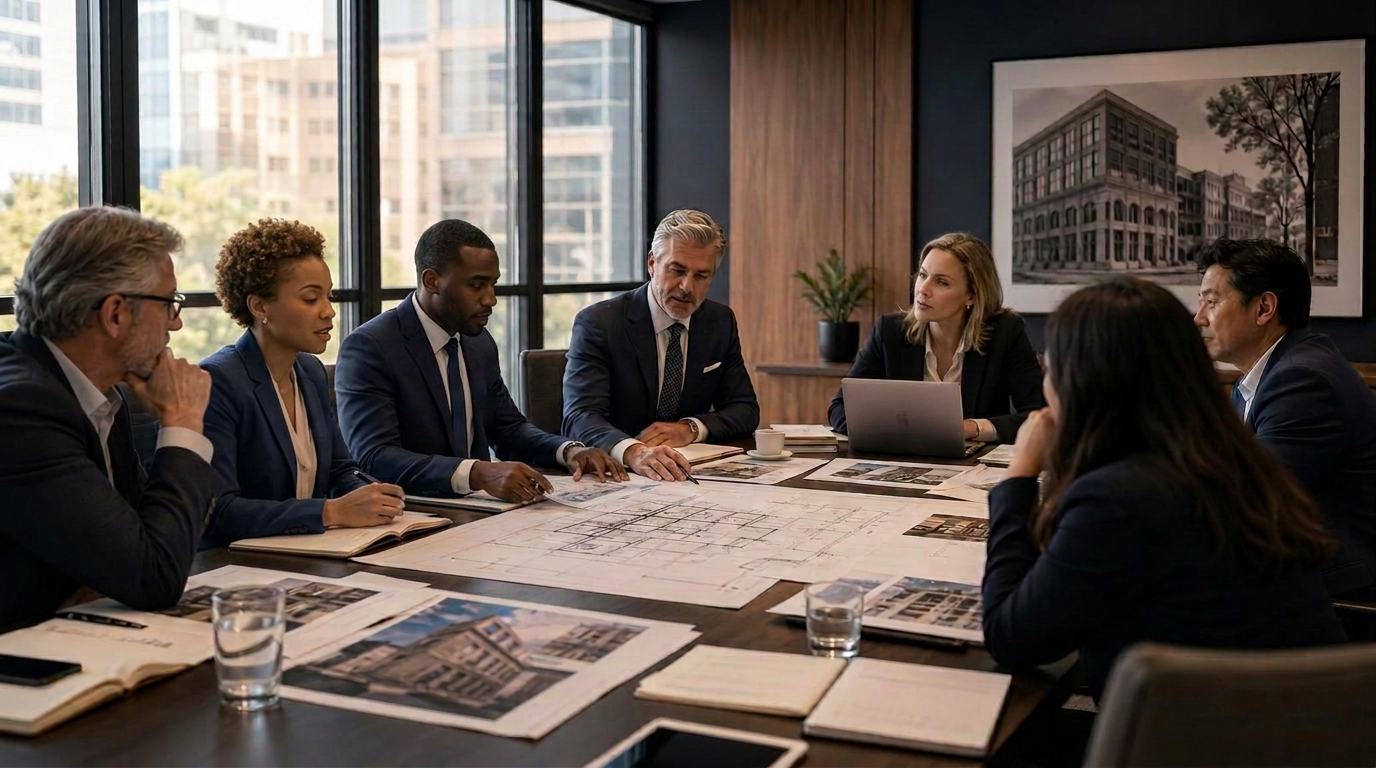 FCS-REG leadership reviewing adaptive reuse plans and site drawings in a contemporary boardroom.