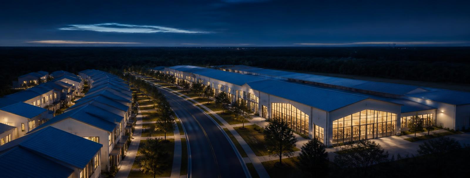 Master-planned workforce housing co-located with a trades training facility along a Southeast development corridor at dusk