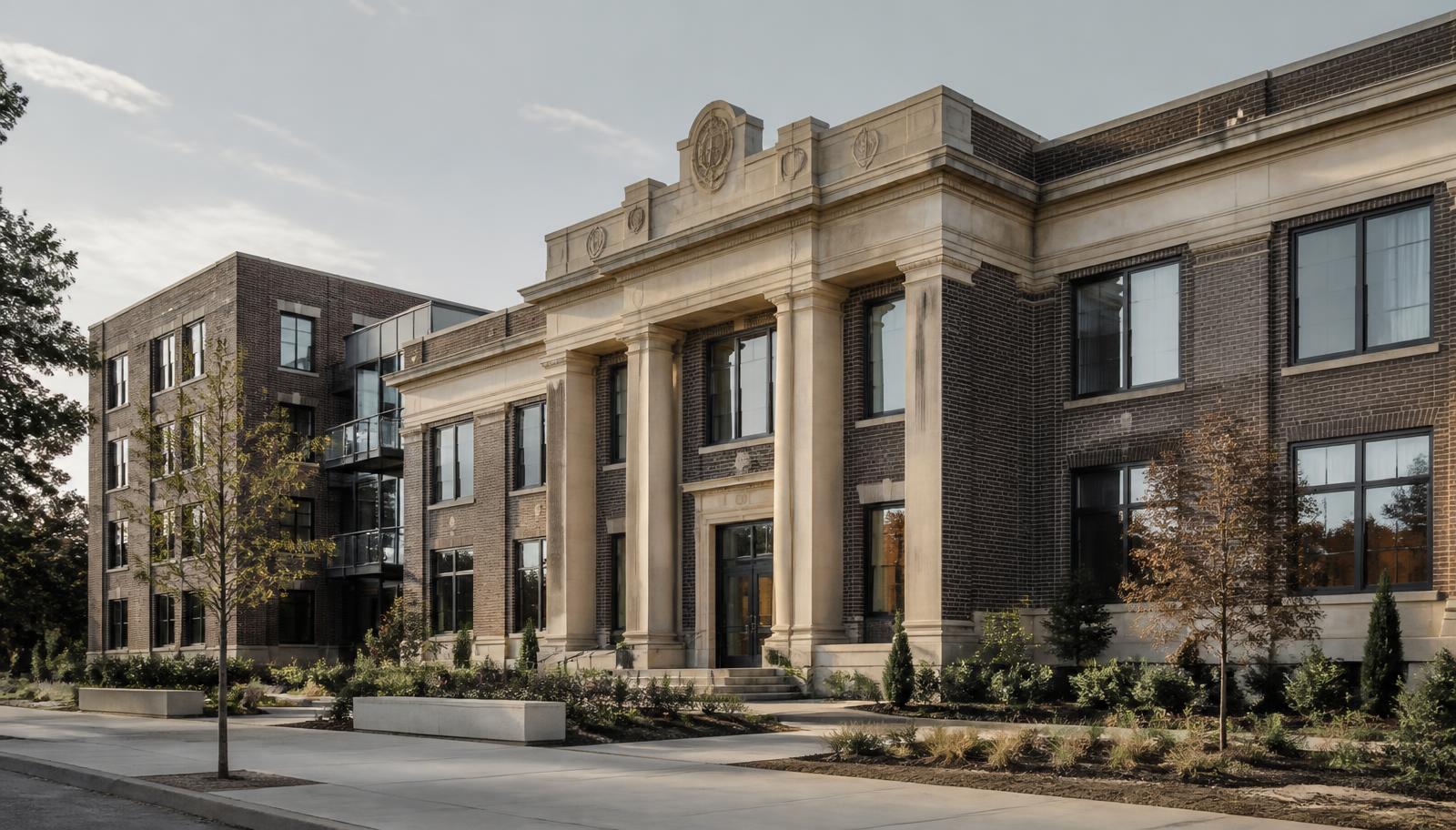 A former civic school building converted into contemporary workforce housing